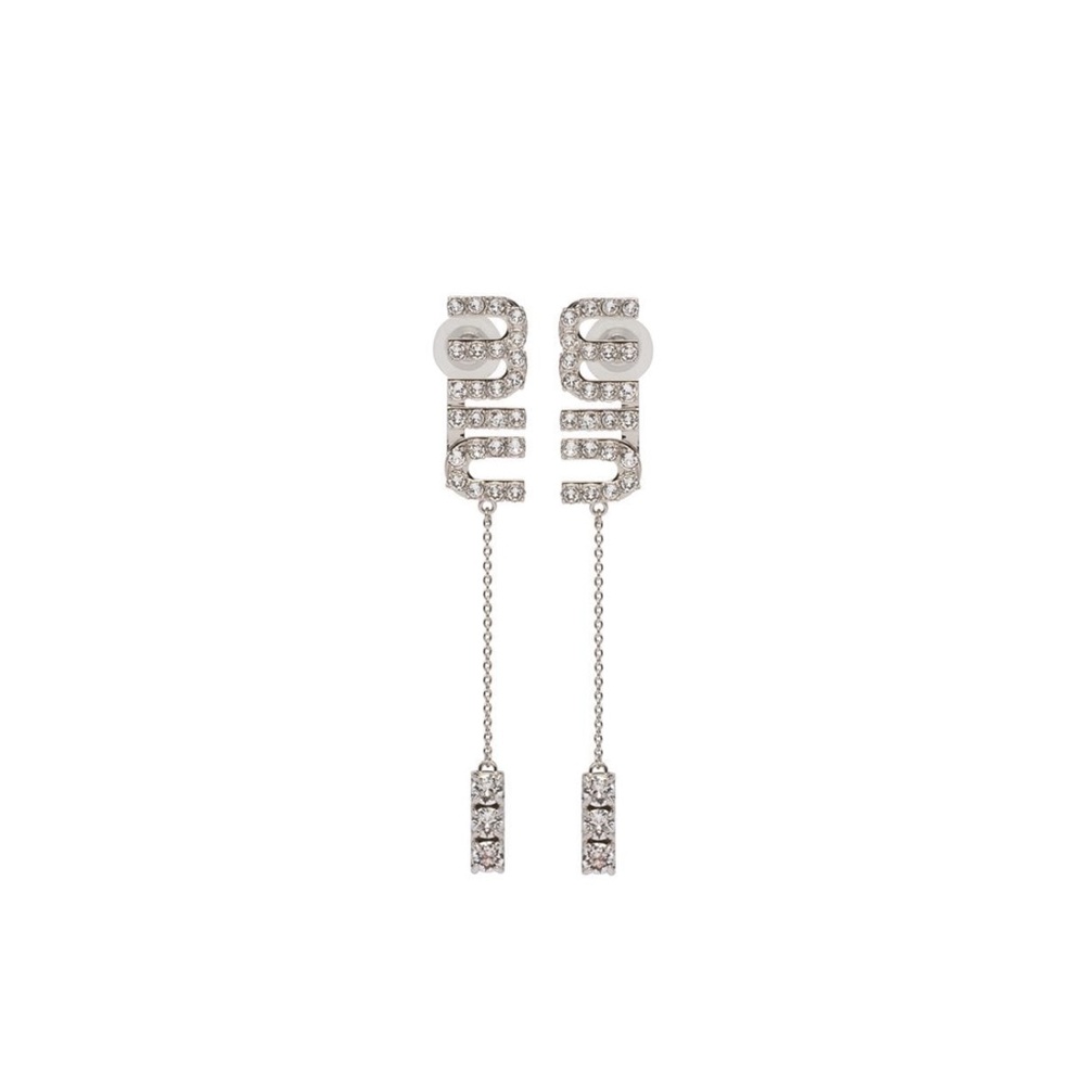 Miu Miu Silver Crystal Logo Drop Earrings